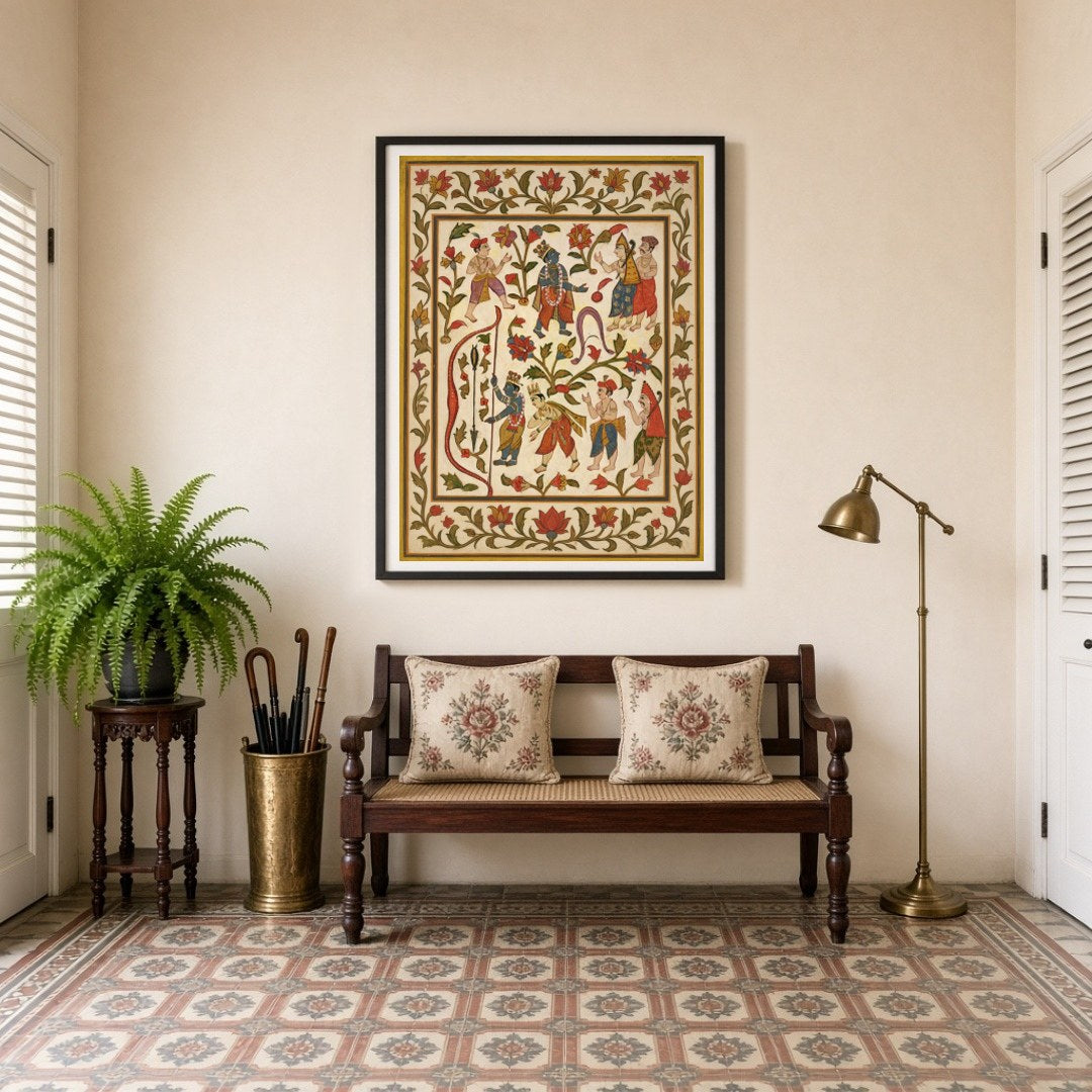 Immerse yourself in the vibrant world of Pichwai art with this captivating portrayal of Krishna for Entrance