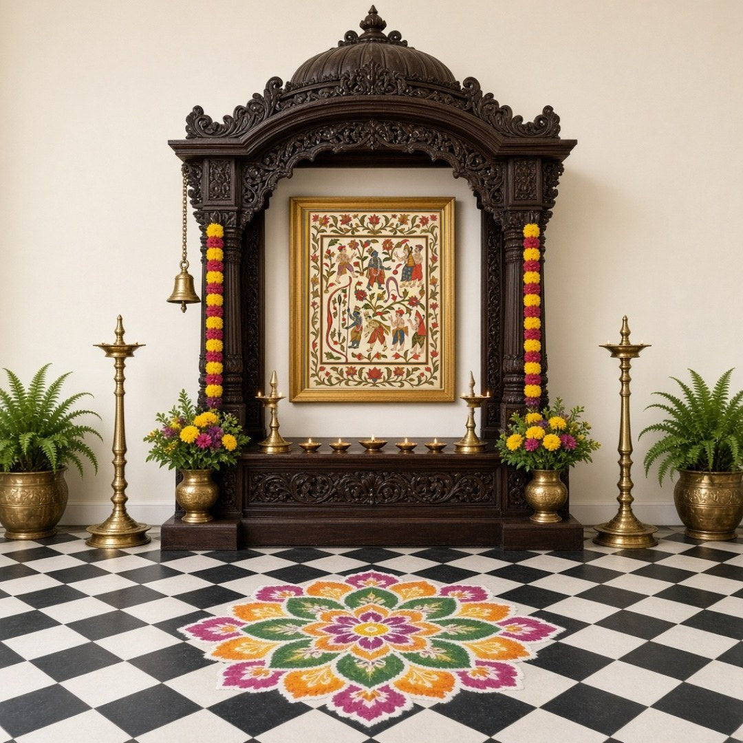 Immerse yourself in the vibrant world of Pichwai art with this captivating portrayal of Krishna for Home Temple