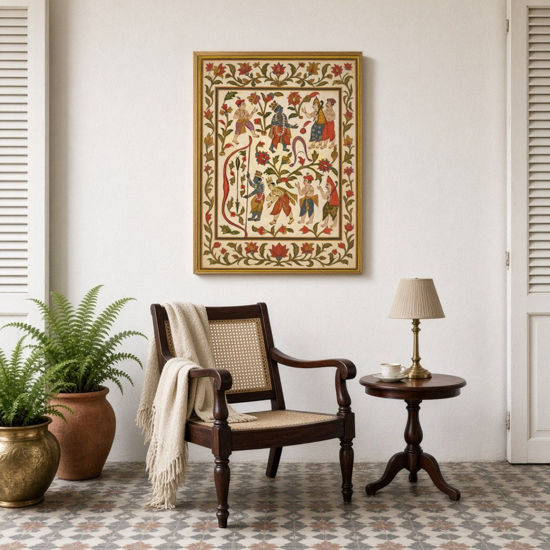 Immerse yourself in the vibrant world of Pichwai art with this captivating portrayal of Krishna for Sitting Lounge
