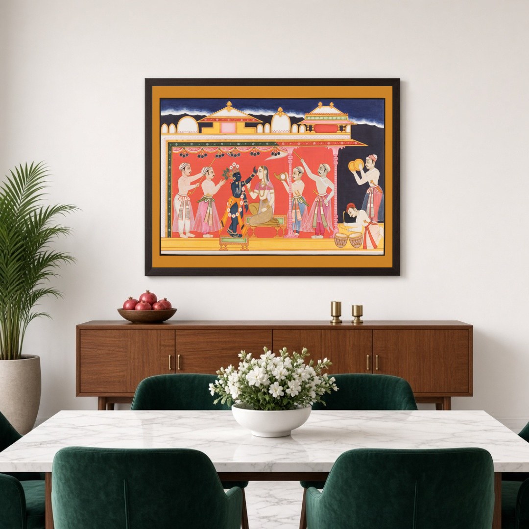 Immerse in the vivid cultural tapestry of this Pichwai art, depicting a regal ceremony featuring for Dining