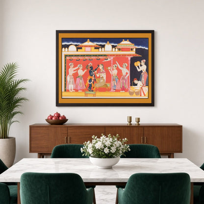 Immerse in the vivid cultural tapestry of this Pichwai art, depicting a regal ceremony featuring for Dining