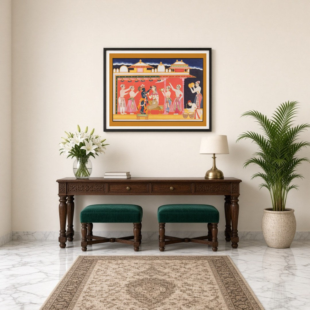 Immerse in the vivid cultural tapestry of this Pichwai art, depicting a regal ceremony featuring for Entrance