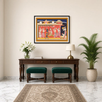 Immerse in the vivid cultural tapestry of this Pichwai art, depicting a regal ceremony featuring for Entrance