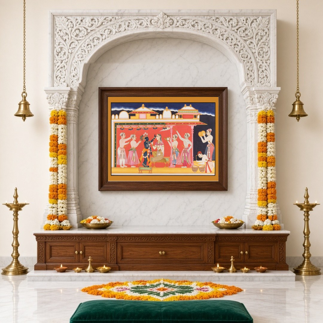 Immerse in the vivid cultural tapestry of this Pichwai art, depicting a regal ceremony featuring for Home Temple