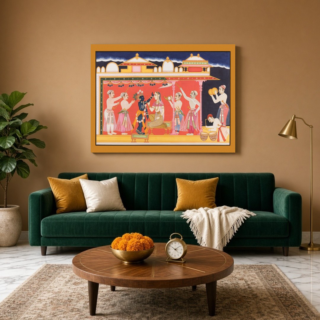 Immerse in the vivid cultural tapestry of this Pichwai art, depicting a regal ceremony featuring for Living Room
