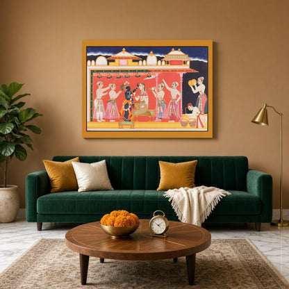 Immerse in the vivid cultural tapestry of this Pichwai art, depicting a regal ceremony featuring for Living Room