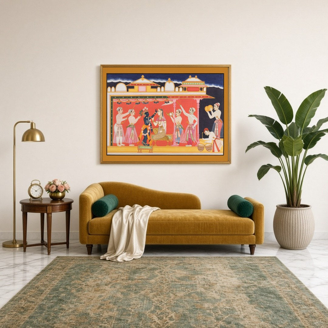 Immerse in the vivid cultural tapestry of this Pichwai art, depicting a regal ceremony featuring for Sitting Lounge