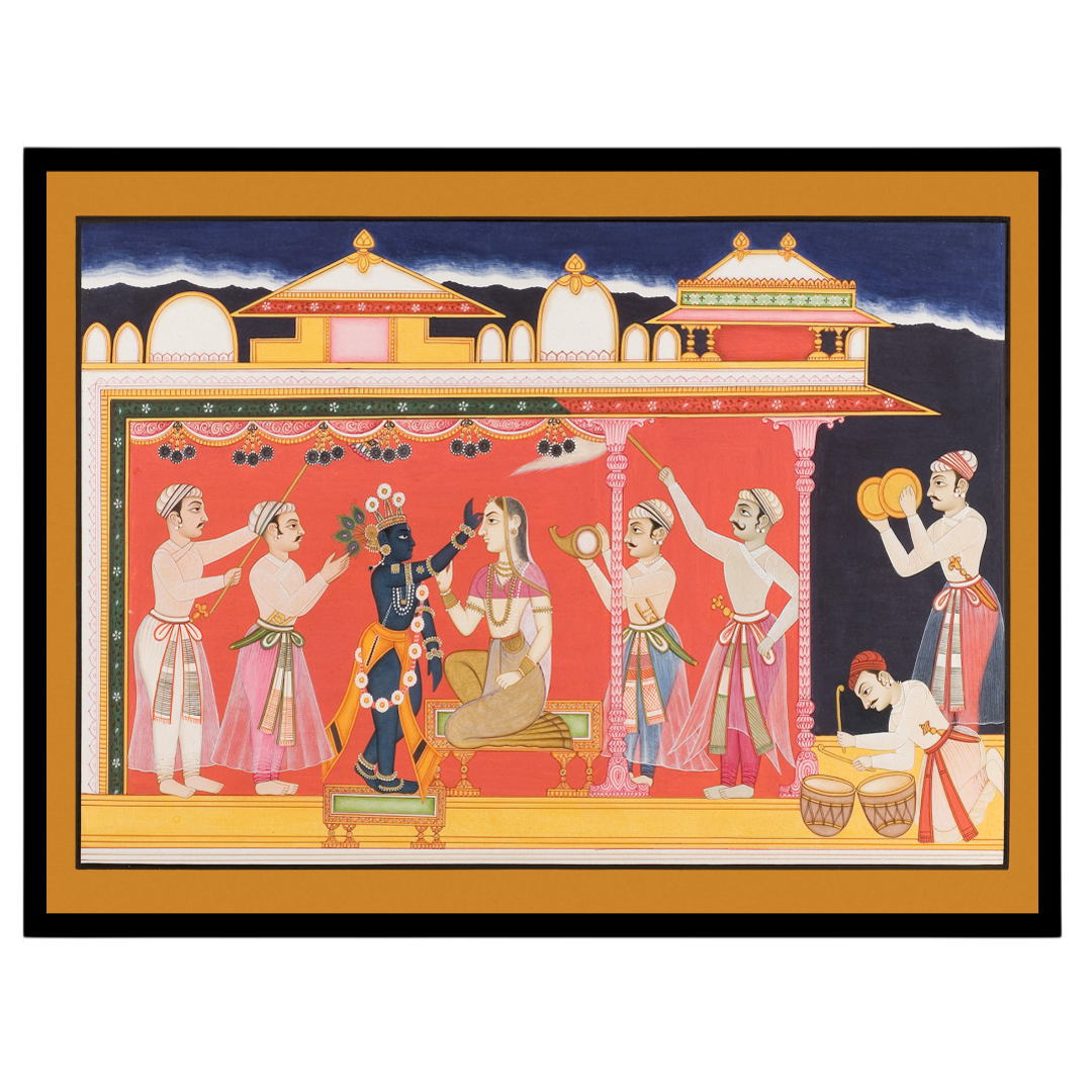 Immerse in the vivid cultural tapestry of this Pichwai art, depicting a regal ceremony featuring for studio