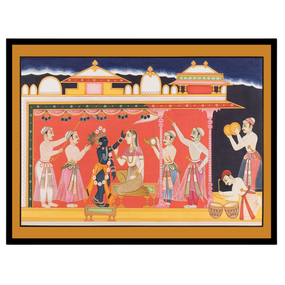 Immerse in the vivid cultural tapestry of this Pichwai art, depicting a regal ceremony featuring for studio