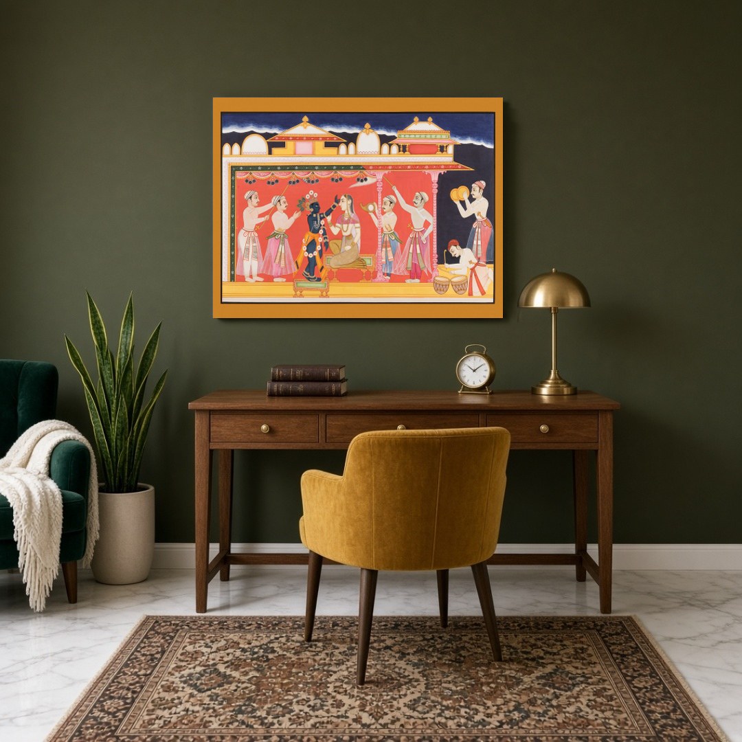 Immerse in the vivid cultural tapestry of this Pichwai art, depicting a regal ceremony featuring for Study