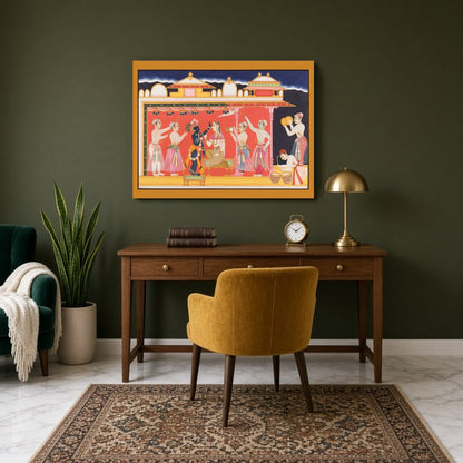 Immerse in the vivid cultural tapestry of this Pichwai art, depicting a regal ceremony featuring for Study