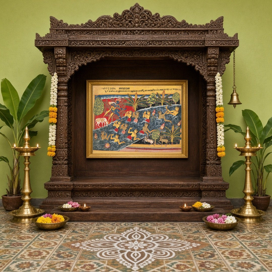 Experience the divine animation of Krishna's playful steps as he dances by the river, surrounded by for Home Temple