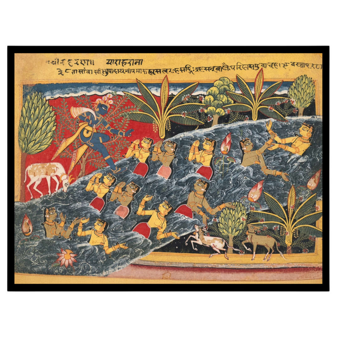 Experience the divine animation of Krishna's playful steps as he dances by the river, surrounded by for interior