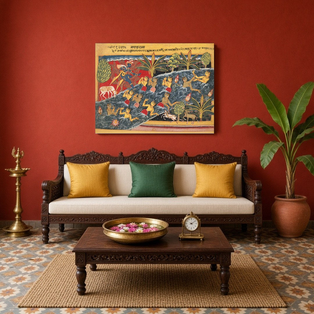 Experience the divine animation of Krishna's playful steps as he dances by the river, surrounded by for Living Room