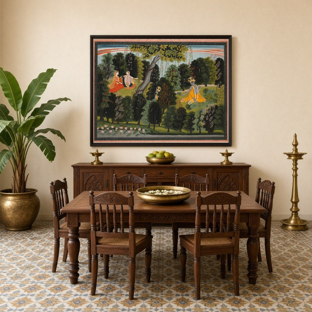 Experience the mystical charm of Pichwai art with this captivating scene where Krishna secretly for Dining