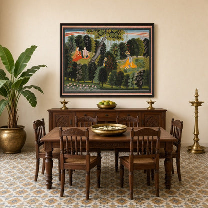 Experience the mystical charm of Pichwai art with this captivating scene where Krishna secretly for Dining
