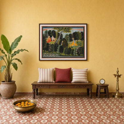 Experience the mystical charm of Pichwai art with this captivating scene where Krishna secretly for Entrance