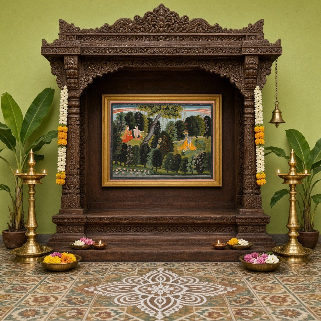 Experience the mystical charm of Pichwai art with this captivating scene where Krishna secretly for Home Temple