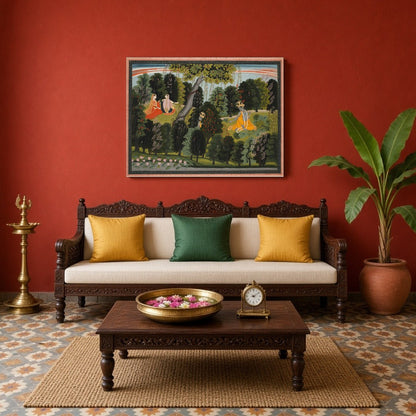 Experience the mystical charm of Pichwai art with this captivating scene where Krishna secretly for Living Room