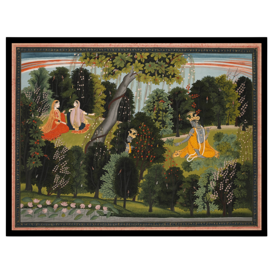 Experience the mystical charm of Pichwai art with this captivating scene where Krishna secretly for living-space