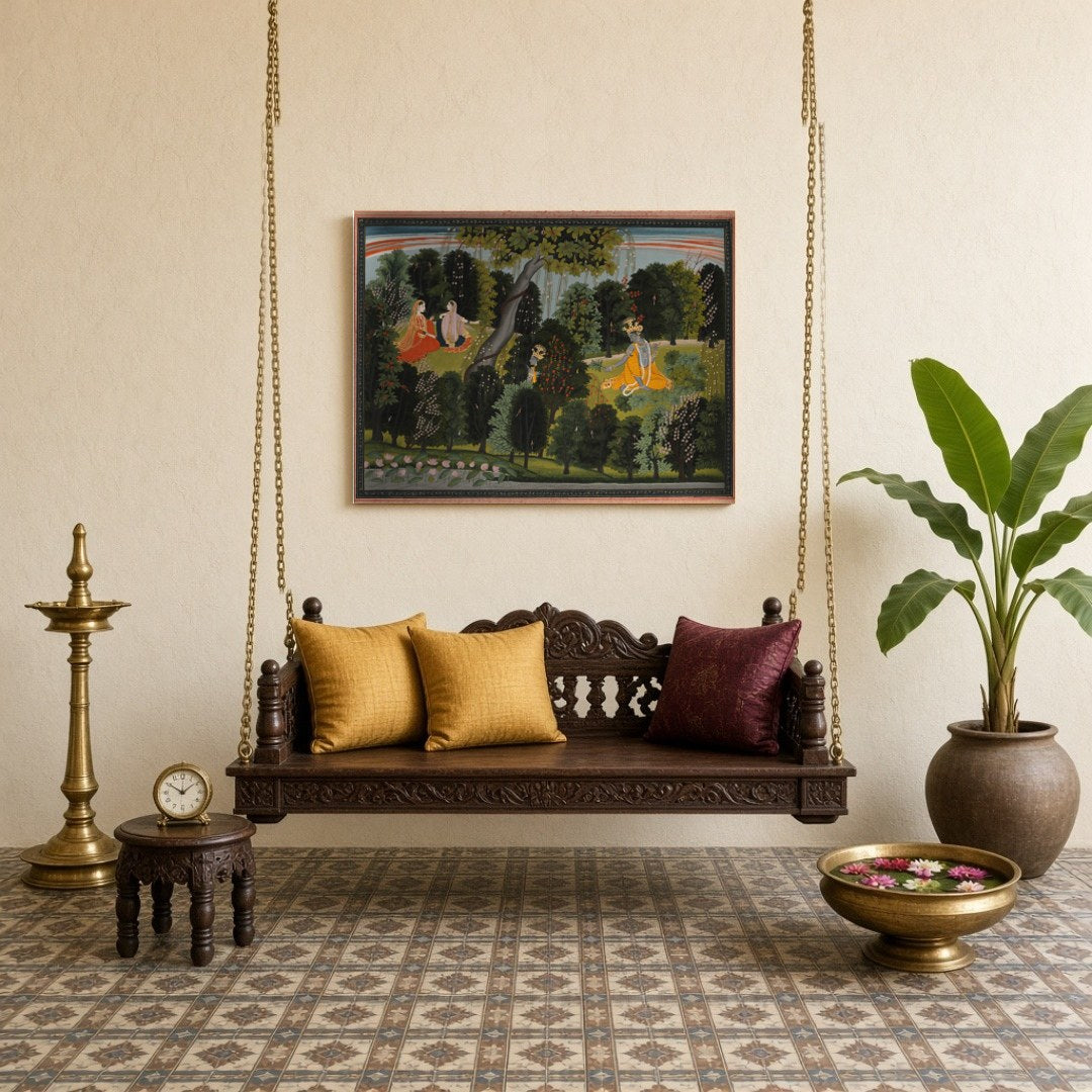 Experience the mystical charm of Pichwai art with this captivating scene where Krishna secretly for Sitting Lounge