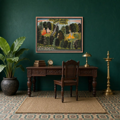 Experience the mystical charm of Pichwai art with this captivating scene where Krishna secretly for Study
