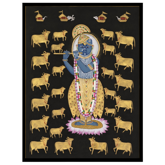 Immerse yourself in the spiritual serenity of this Pichwai artwork depicting Lord Krishna against a for space