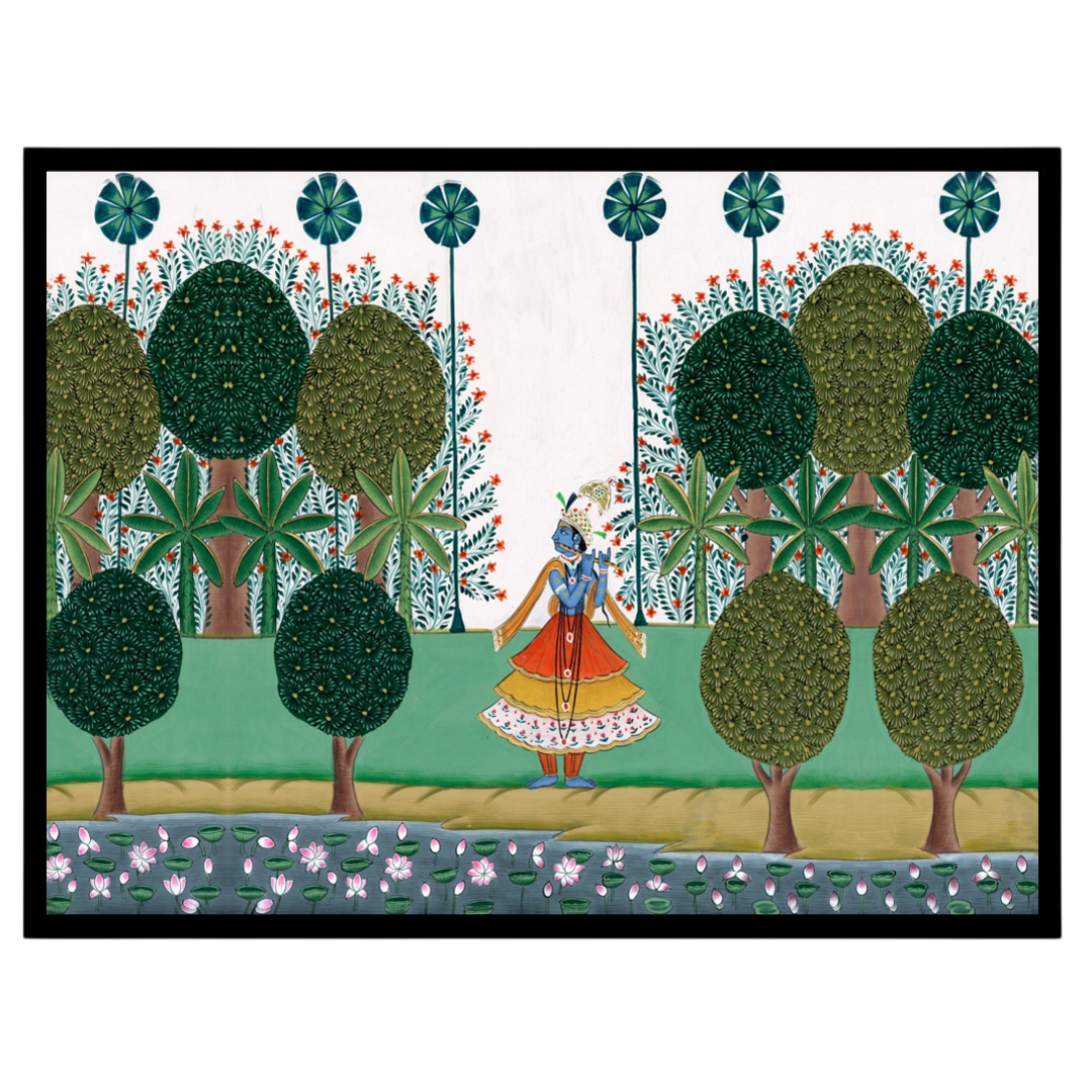 This exquisite Pichwai artwork depicts Lord Krishna strolling gracefully amidst lush greenery, for bedroom