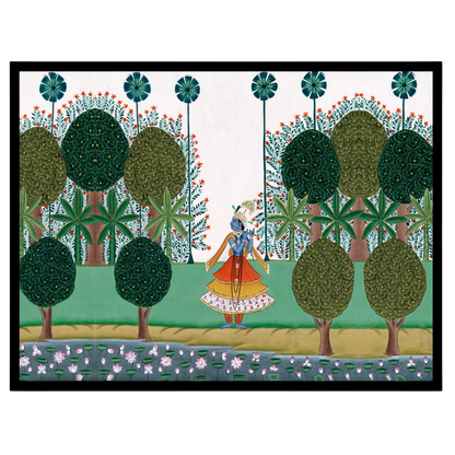This exquisite Pichwai artwork depicts Lord Krishna strolling gracefully amidst lush greenery, for bedroom