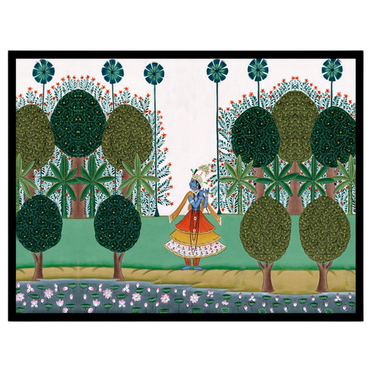 This exquisite Pichwai artwork depicts Lord Krishna strolling gracefully amidst lush greenery, for bedroom