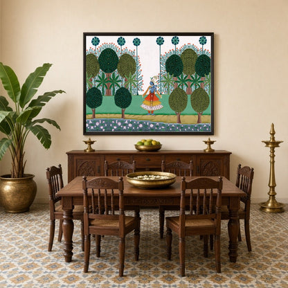This exquisite Pichwai artwork depicts Lord Krishna strolling gracefully amidst lush greenery, for Dining