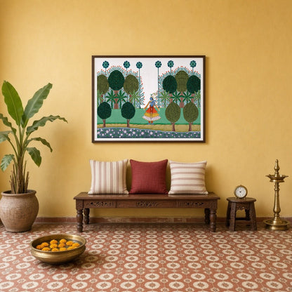 This exquisite Pichwai artwork depicts Lord Krishna strolling gracefully amidst lush greenery, for Entrance