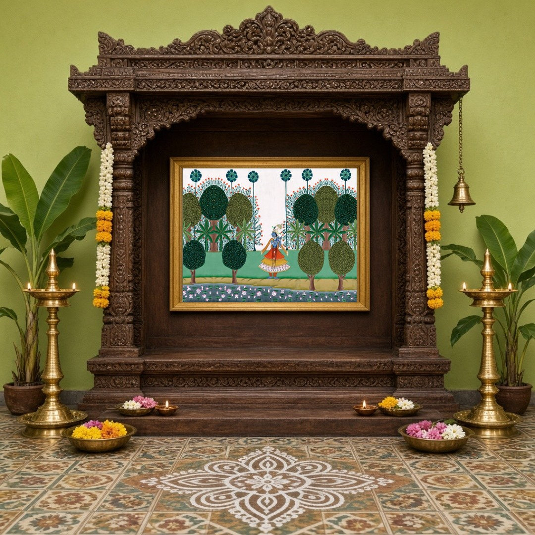 This exquisite Pichwai artwork depicts Lord Krishna strolling gracefully amidst lush greenery, for Home Temple