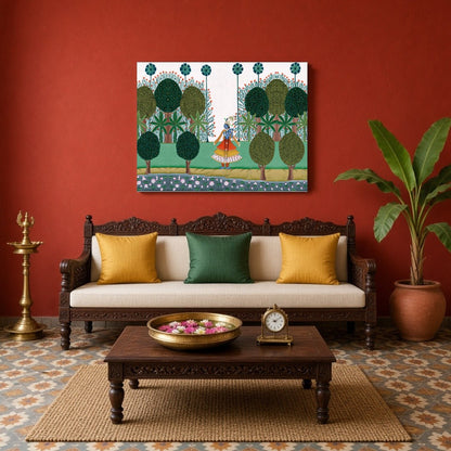 This exquisite Pichwai artwork depicts Lord Krishna strolling gracefully amidst lush greenery, for Living Room