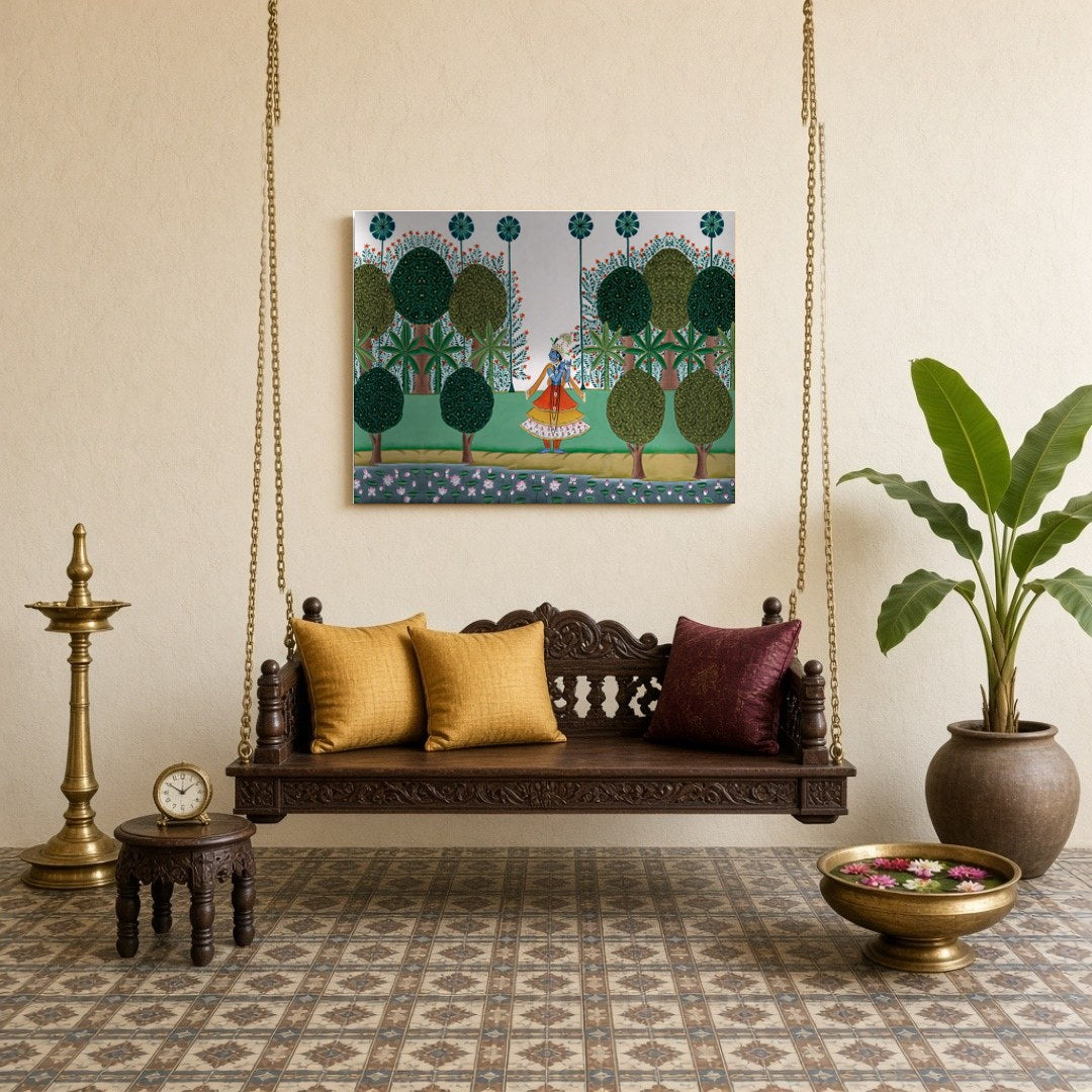 This exquisite Pichwai artwork depicts Lord Krishna strolling gracefully amidst lush greenery, for Sitting Lounge