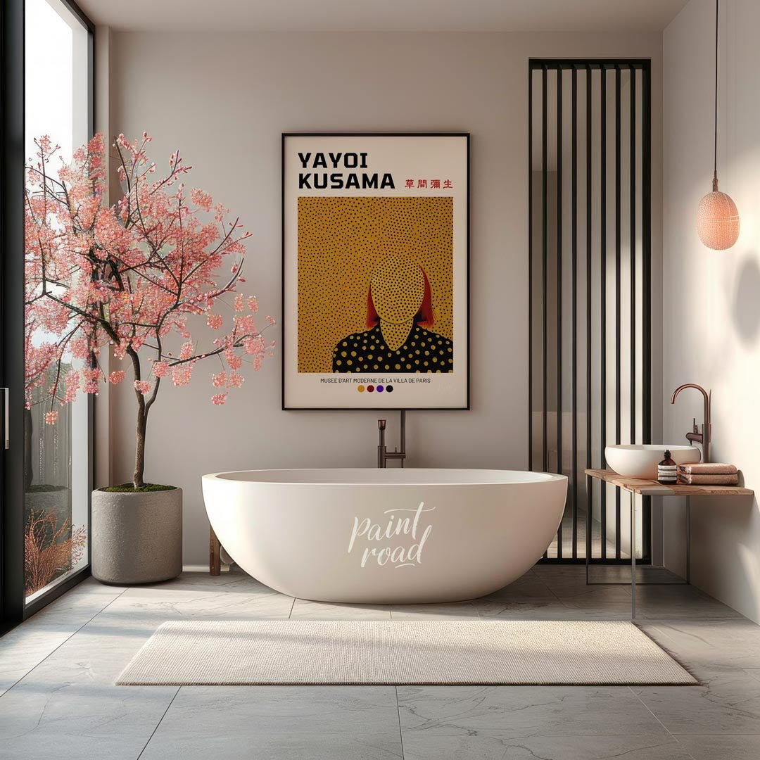 This iconic exhibition poster features a striking self-portrait of Yayoi Kusama, rendered in her si… for bathroom