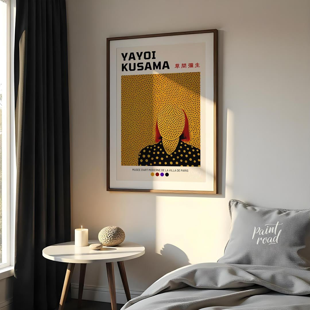 This iconic exhibition poster features a striking self-portrait of Yayoi Kusama, rendered in her si… for bedroom