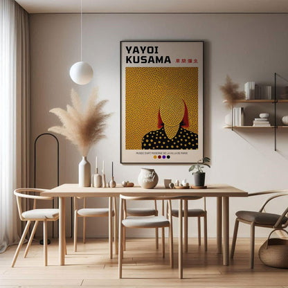 This iconic exhibition poster features a striking self-portrait of Yayoi Kusama, rendered in her si… for dining room