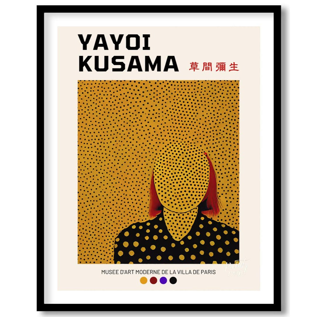 This iconic exhibition poster features a striking self-portrait of Yayoi Kusama, rendered in her si… for house