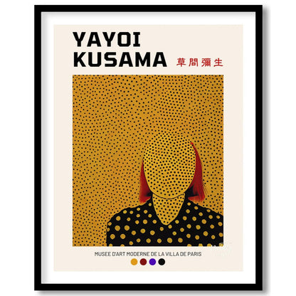 This iconic exhibition poster features a striking self-portrait of Yayoi Kusama, rendered in her si… for house