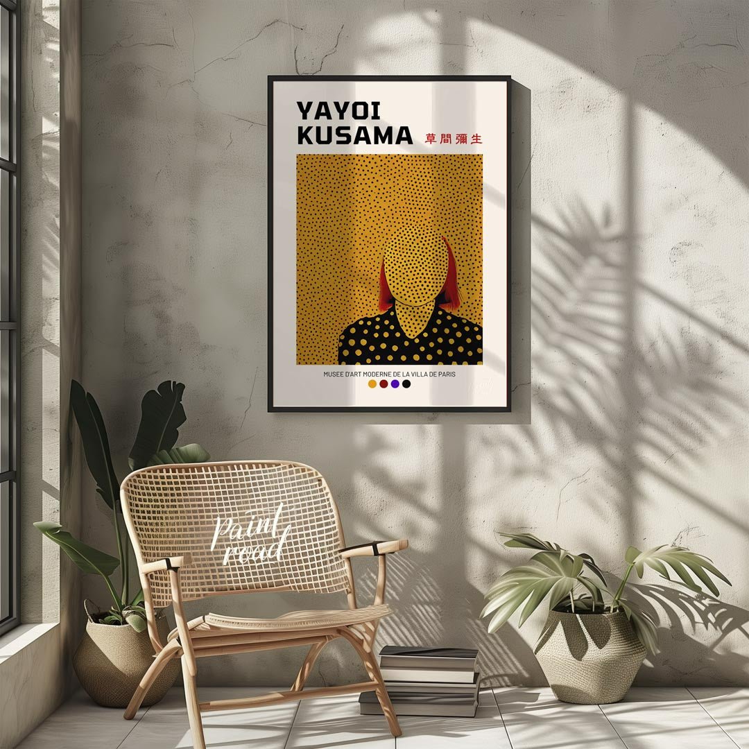 This iconic exhibition poster features a striking self-portrait of Yayoi Kusama, rendered in her si… for living room