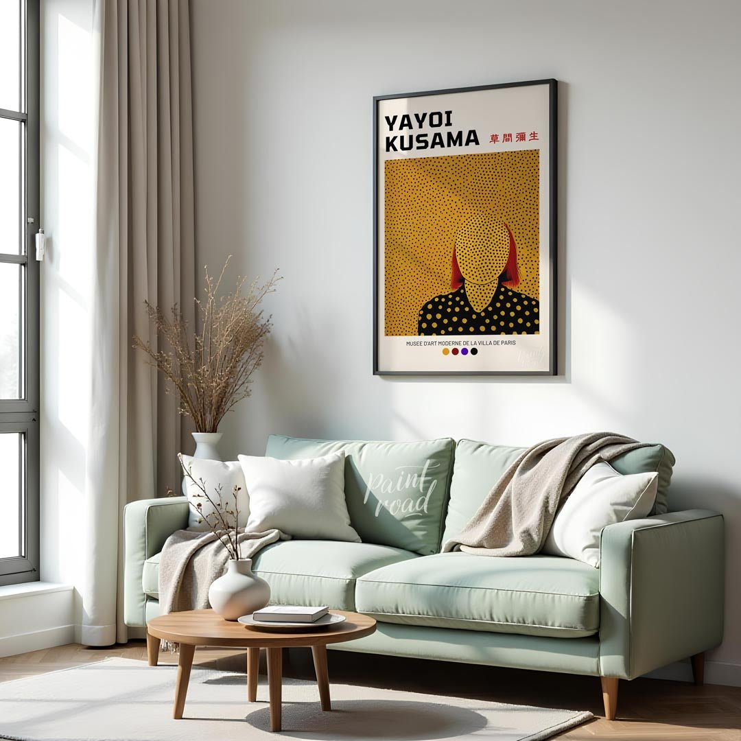 This iconic exhibition poster features a striking self-portrait of Yayoi Kusama, rendered in her si… for living room
