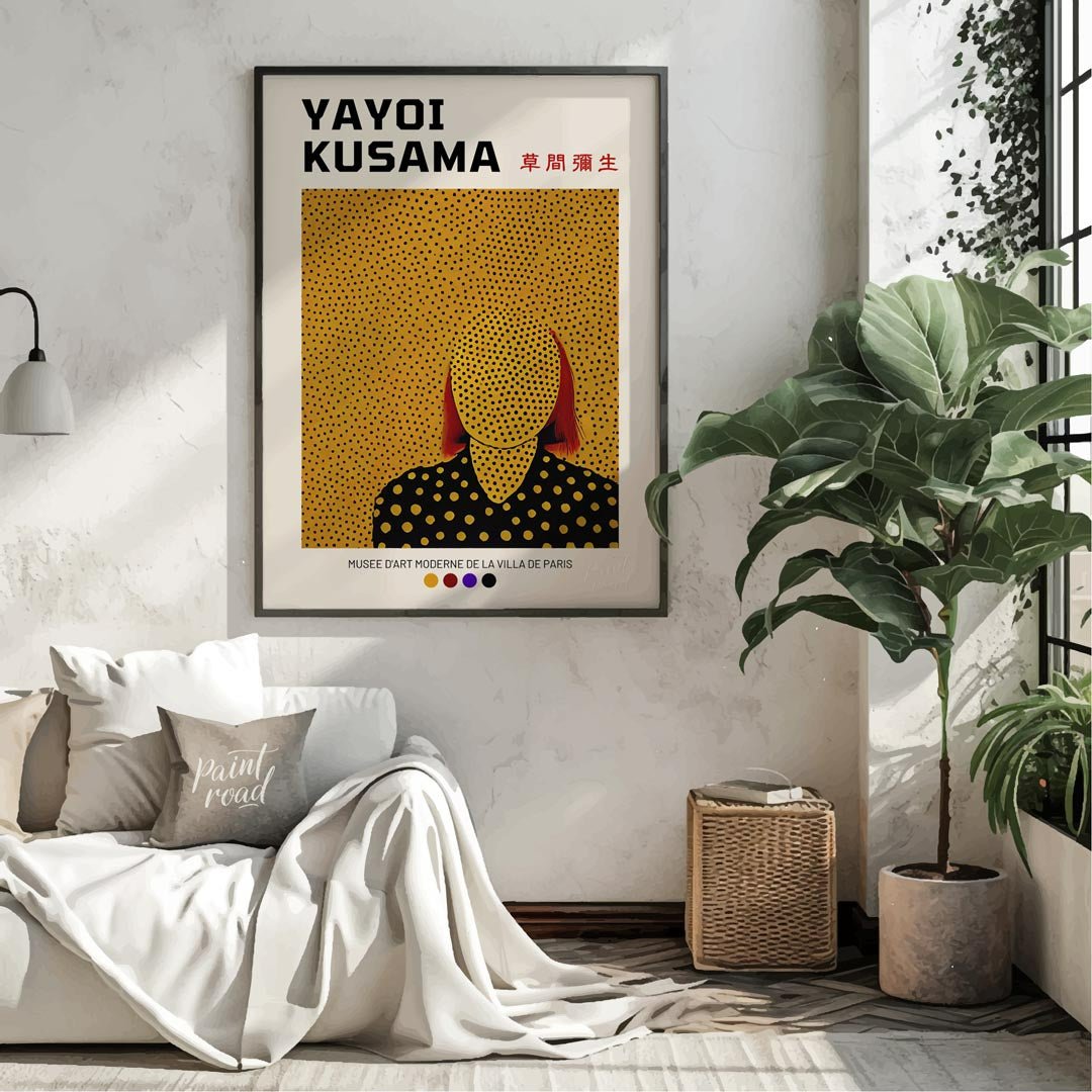 This iconic exhibition poster features a striking self-portrait of Yayoi Kusama, rendered in her si… for living room