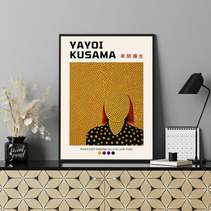This iconic exhibition poster features a striking self-portrait of Yayoi Kusama, rendered in her si… for office