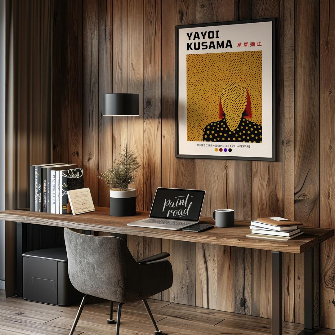 This iconic exhibition poster features a striking self-portrait of Yayoi Kusama, rendered in her si… for office