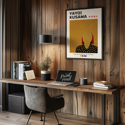 This iconic exhibition poster features a striking self-portrait of Yayoi Kusama, rendered in her si… for office