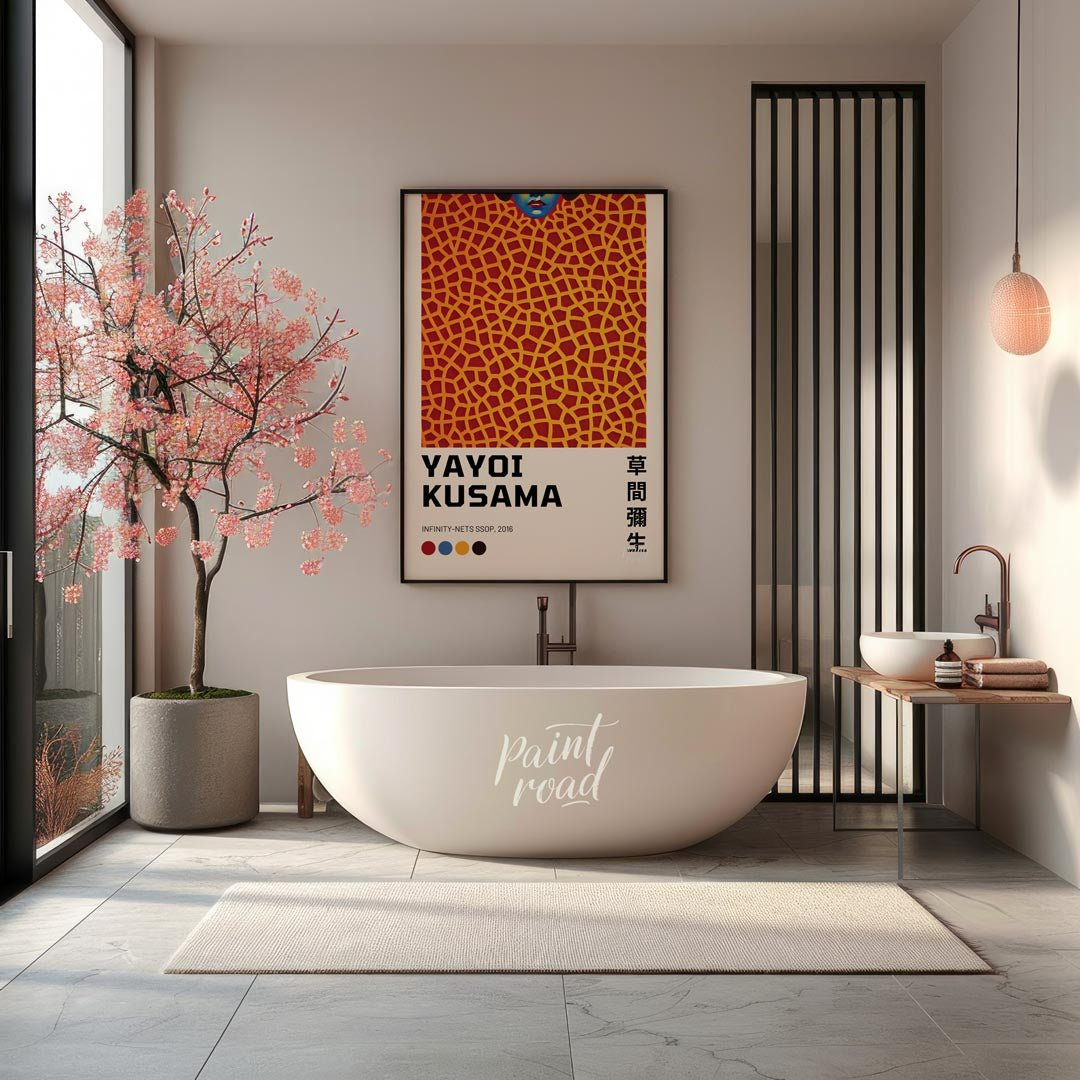This captivating art print features an iconic representation of Yayoi Kusama’s “Infinity-Nets” seri… for bathroom