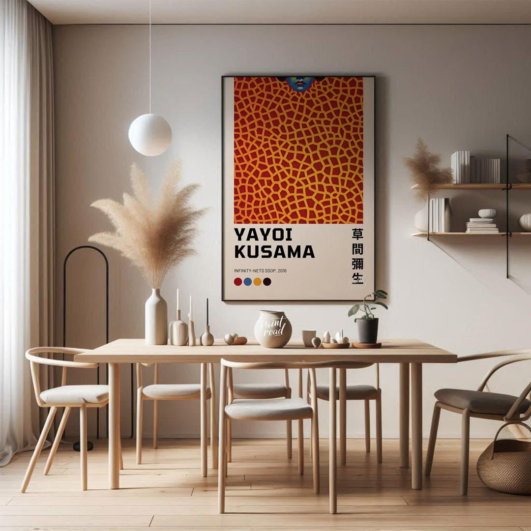 This captivating art print features an iconic representation of Yayoi Kusama’s “Infinity-Nets” seri… for dining room