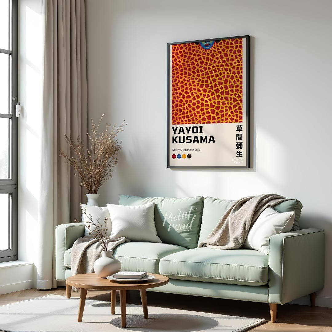 This captivating art print features an iconic representation of Yayoi Kusama’s “Infinity-Nets” seri… for living room