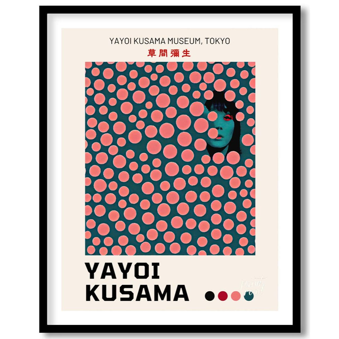 This striking art print is an exhibition poster for the Yayoi Kusama Museum in Tokyo, featuring one… for area